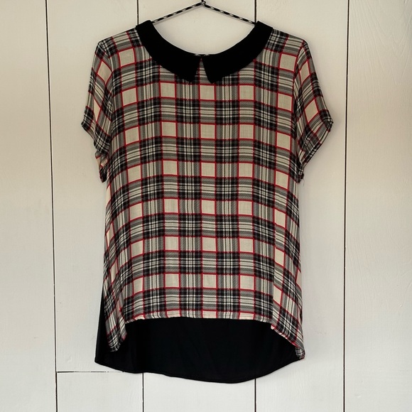 Zara Short Sleeve Plaid Top Medium Peter Pan Collar Twee - Picture 1 of 11